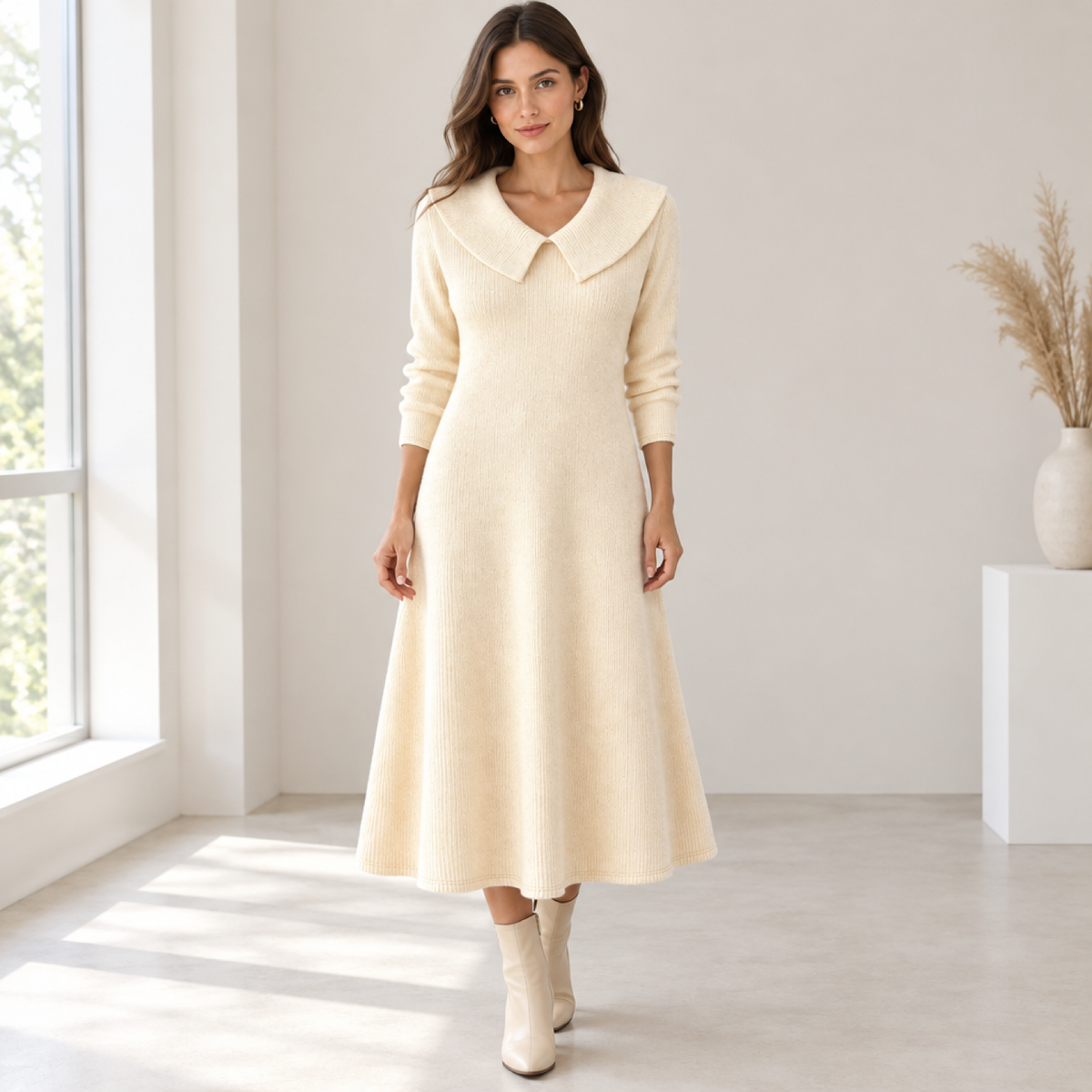 Modèle portant la robe midi en maille côtelée blanche à col oversize, vue intérieure