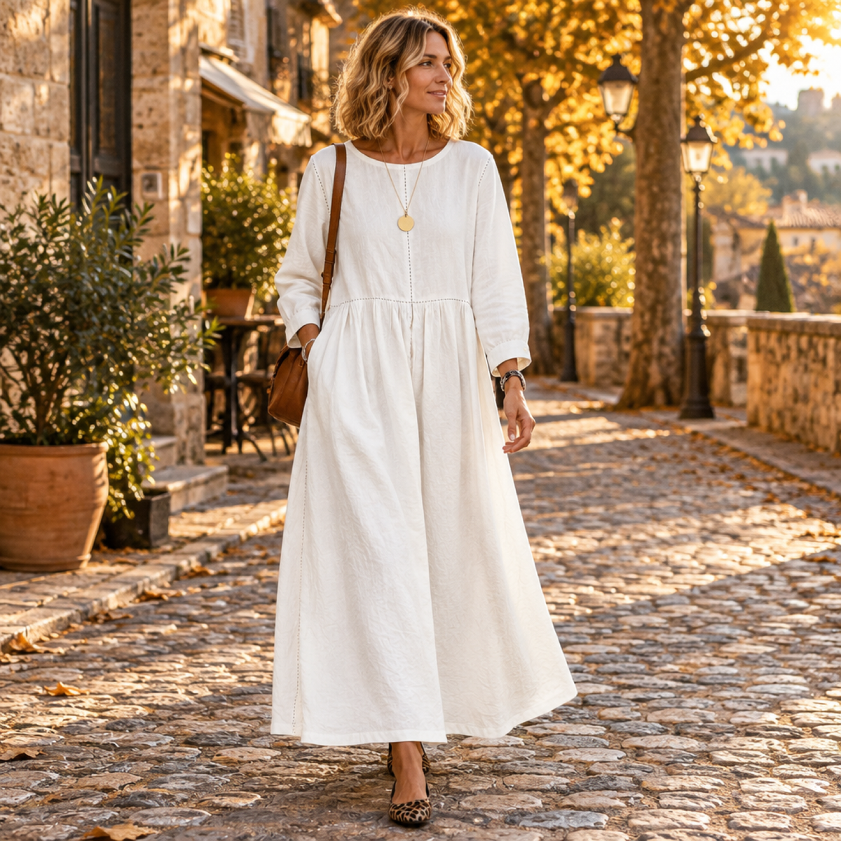 Robe longue en denim vintage blanc portée en extérieur, ambiance automnale européenne