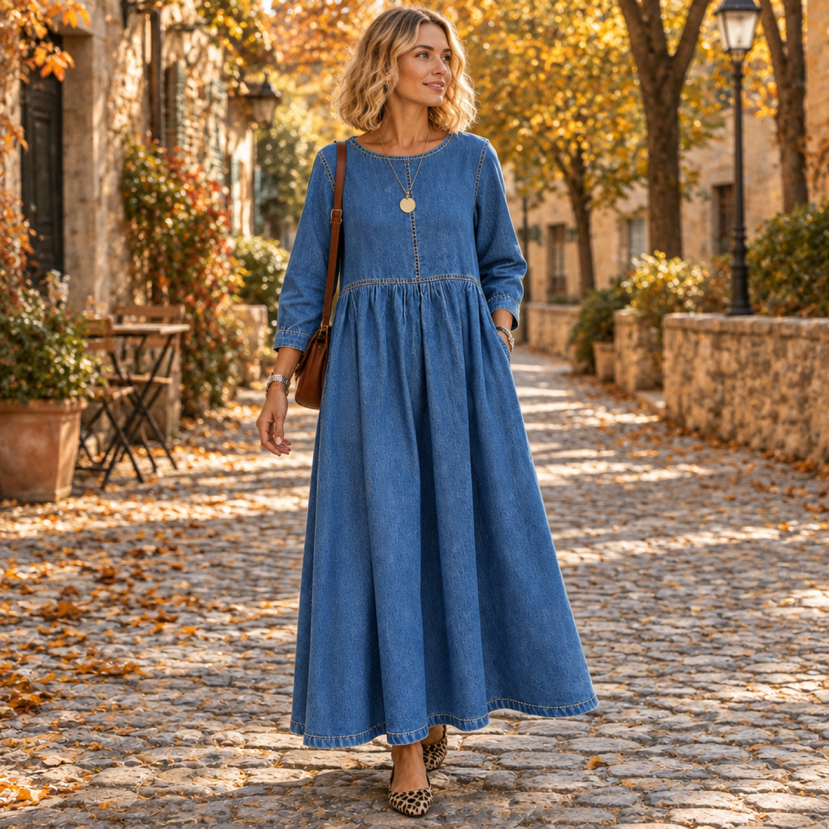Robe longue en denim vintage bleu portée en extérieur dans une rue européenne en automne
