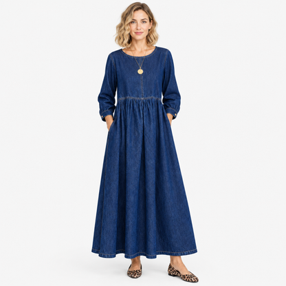Robe longue en denim vintage bleu marine, vue de face, col rond et manches longues