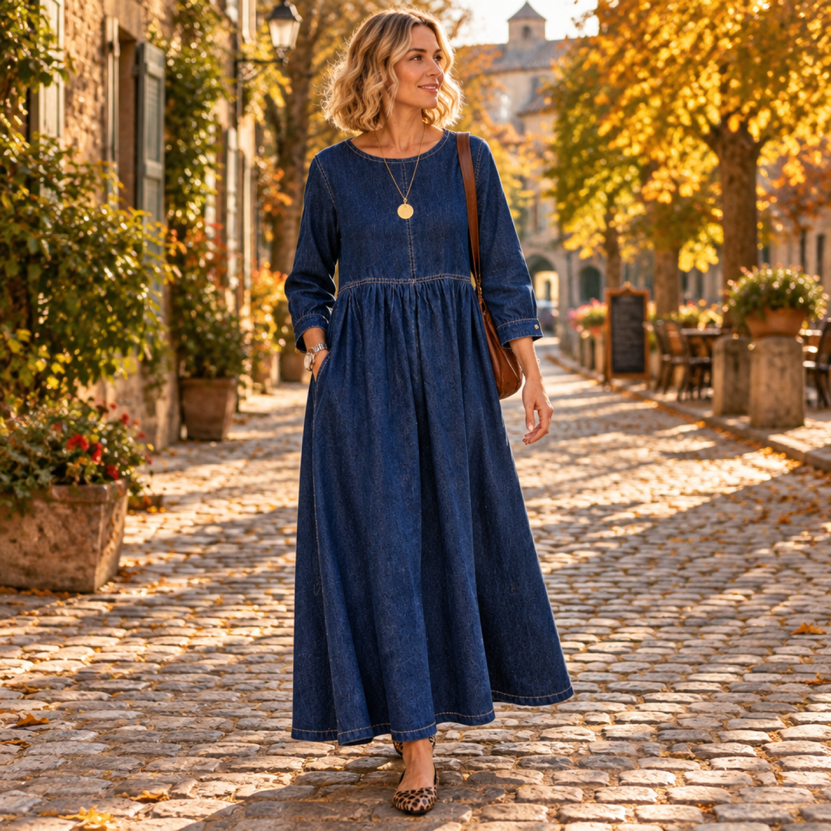 Robe longue en denim vintage bleu marine portée en extérieur dans un parc européen en automne