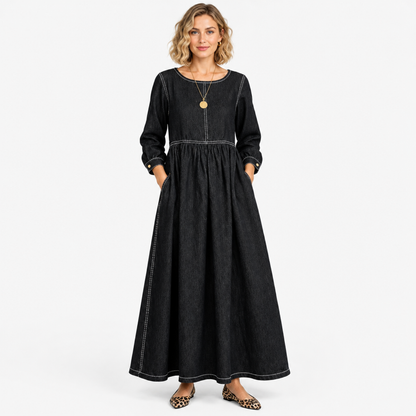 Robe longue en denim vintage noir, vue de face, col rond et manches longues