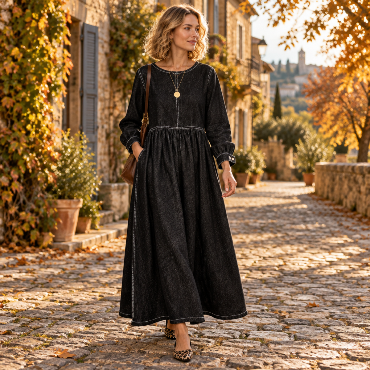 Robe longue en denim vintage noir portée en extérieur en ville européenne, automne