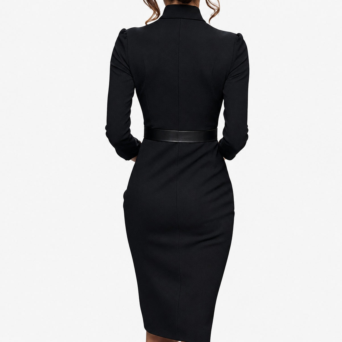 Robe midi noire col V vue de dos coupe crayon