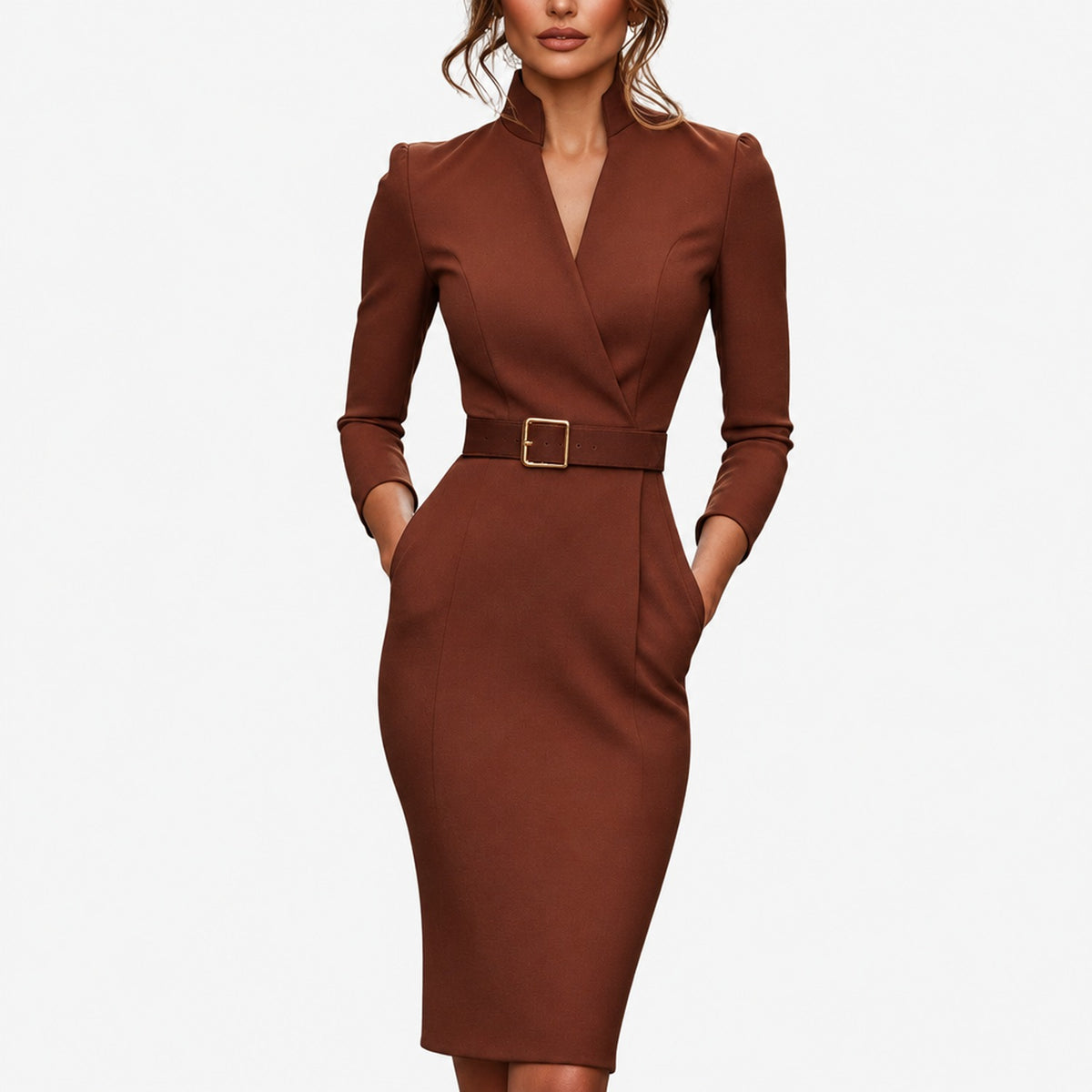 Robe midi rouge brique col V et ceinture assortie portée de face