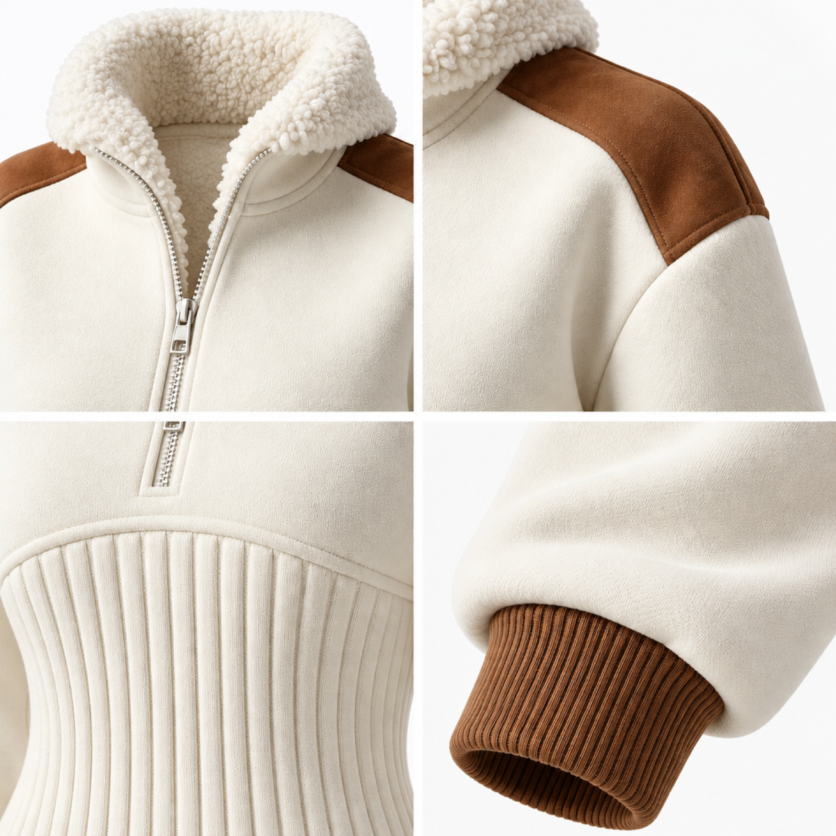 Détails de la robe mini côtelée : capuche sherpa, empiècement épaule en suède, fermeture zippée et poignets côtelés