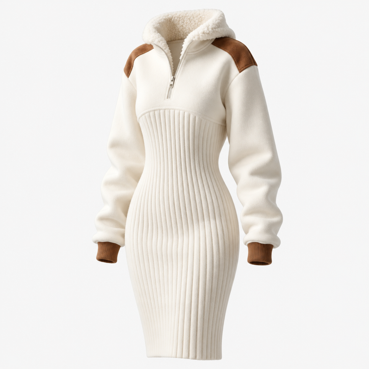 Robe mini en maille côtelée écru à capuche sherpa et empiècements suède marron, vue de face