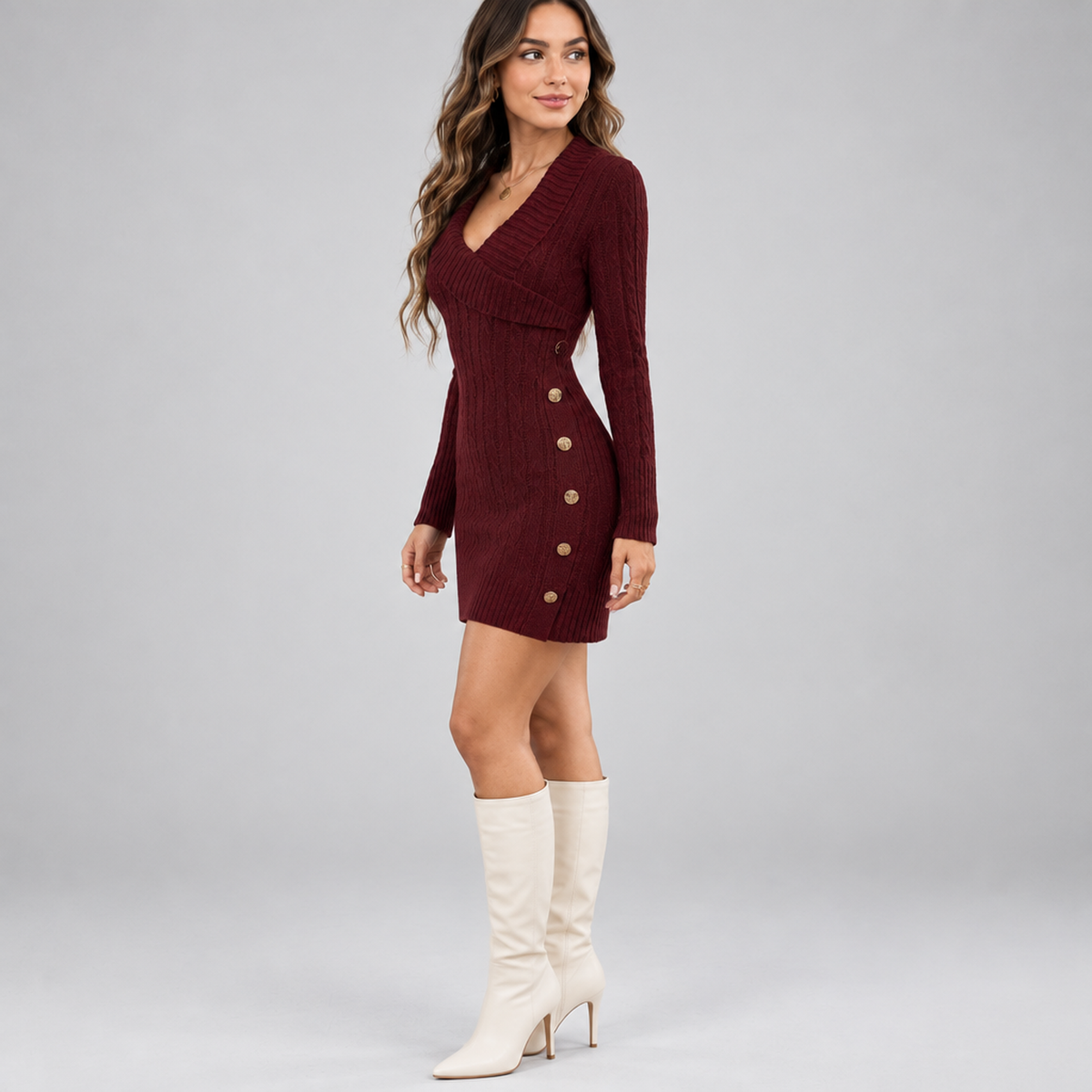Robe pull col V maille côtelée bordeaux, vue de profil, portée par une mannequin en studio