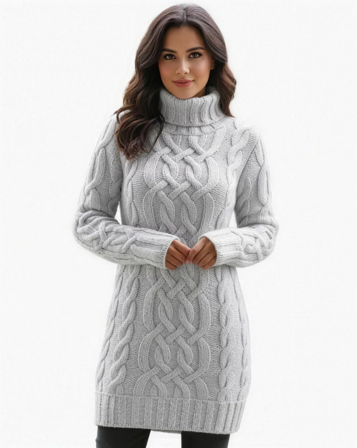 Robe Pull Col Roulé Femme Tricot Torsadé - Gris clair