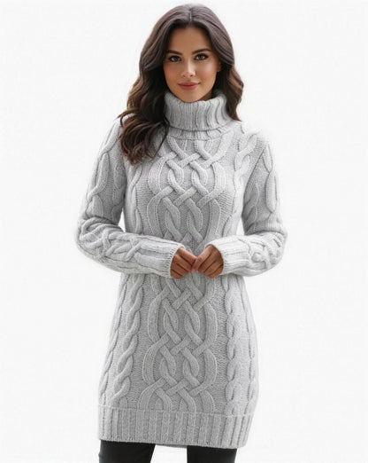 Robe Pull Col Roulé Femme Tricot Torsadé - Gris clair