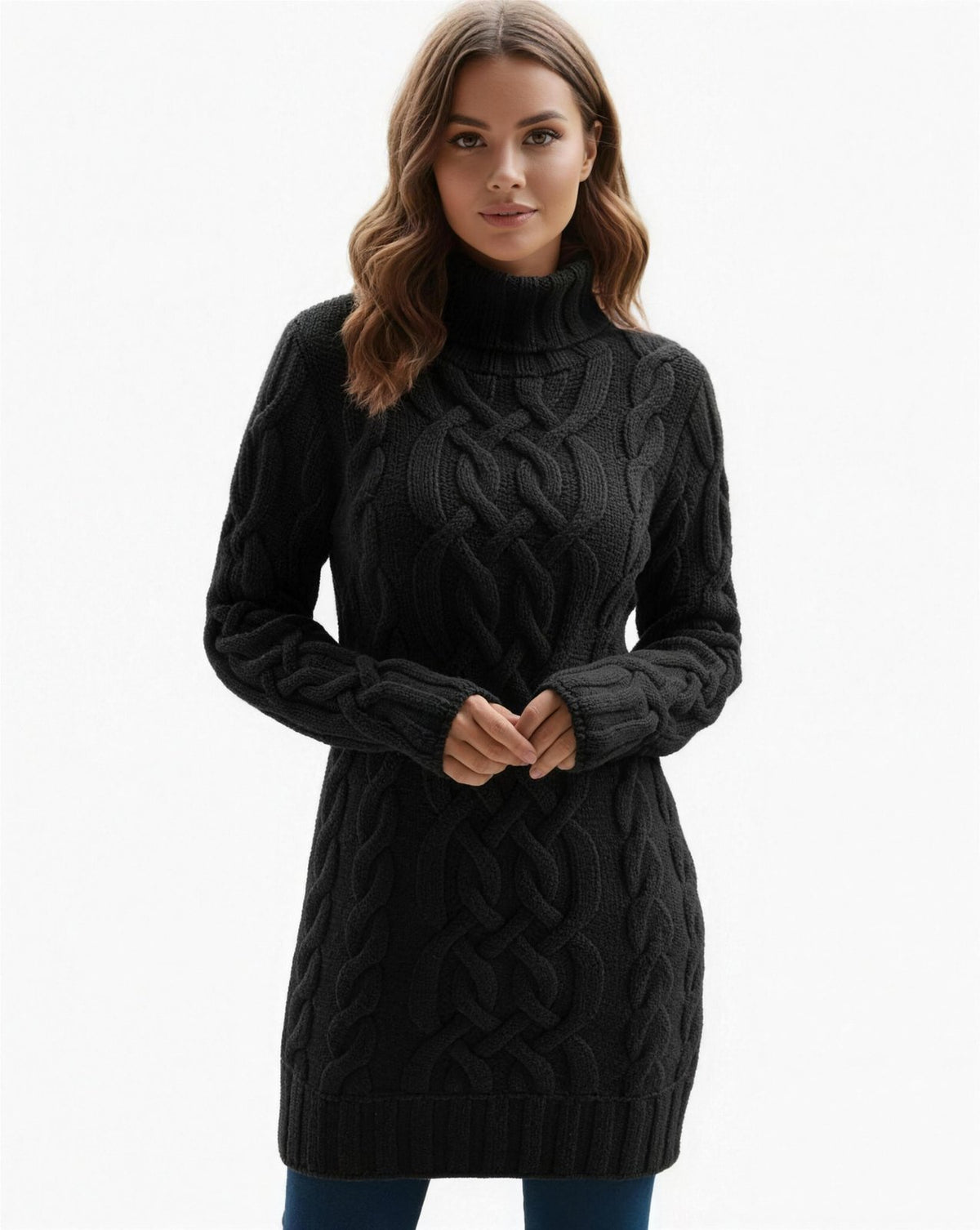 Robe Pull Col Roulé Femme Tricot Torsadé - Noir
