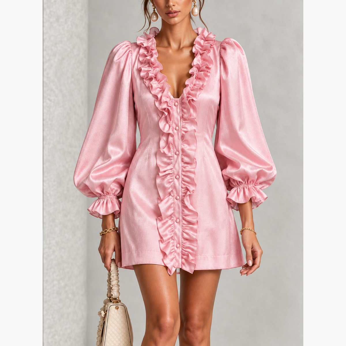 Robe courte rose à volants, gros plan sur le buste et les manches ballon bouffantes