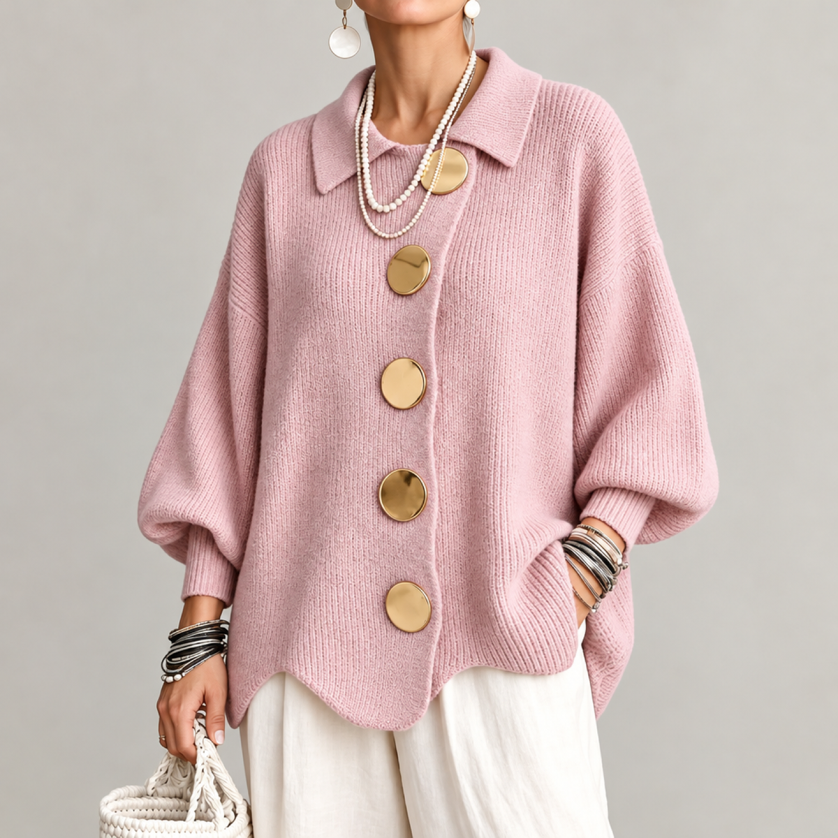 Cardigan oversized femme en maille, coloris rose, col boutonné doré