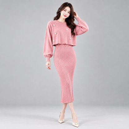 Ensemble robe pull tricot perlé rose et jupe mi-longue côtelée assortie
