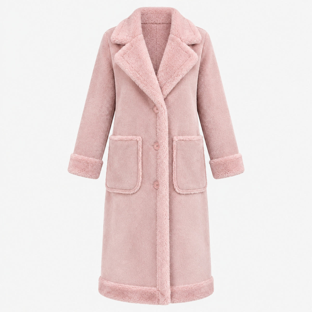 Manteau long velours aspect suède grande taille femme, coloris rose, vue de face, fond studio