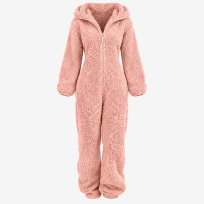 Combinaison polaire femme rose, vue studio de face avec fermeture éclair