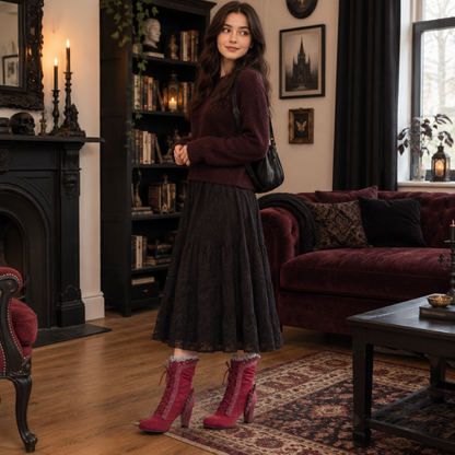 Mannequin portant les bottines steampunk rouges en daim, intérieur chic gothique