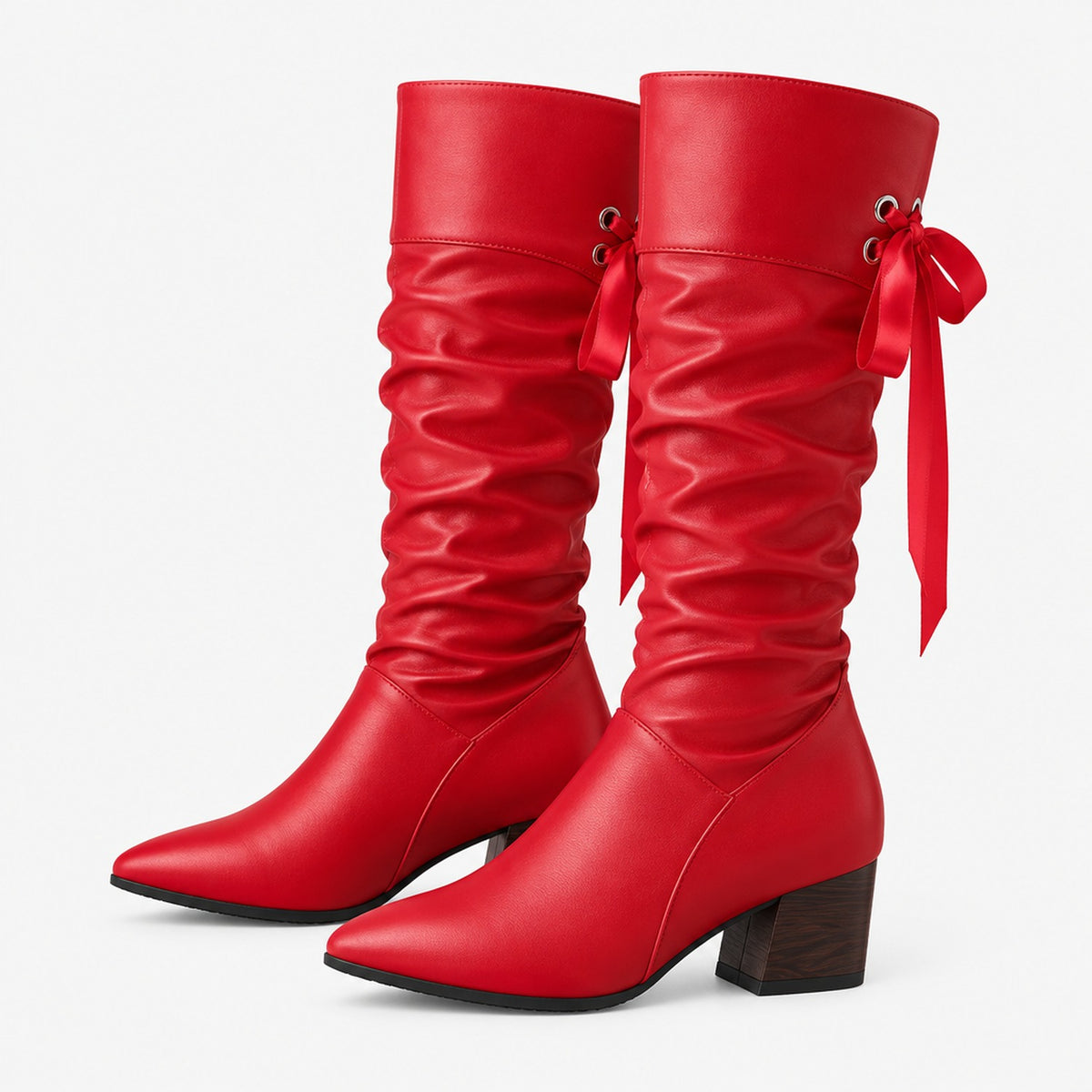 Bottines mi-mollet froncées rouges à lacets, vue studio 3/4