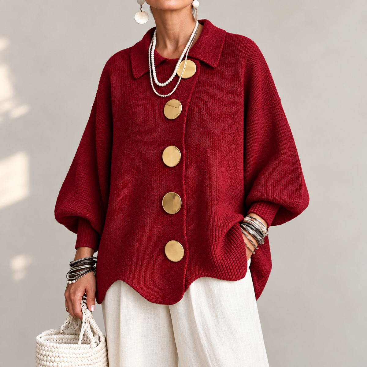 Cardigan oversized femme en maille, coloris rouge, col boutonné doré
