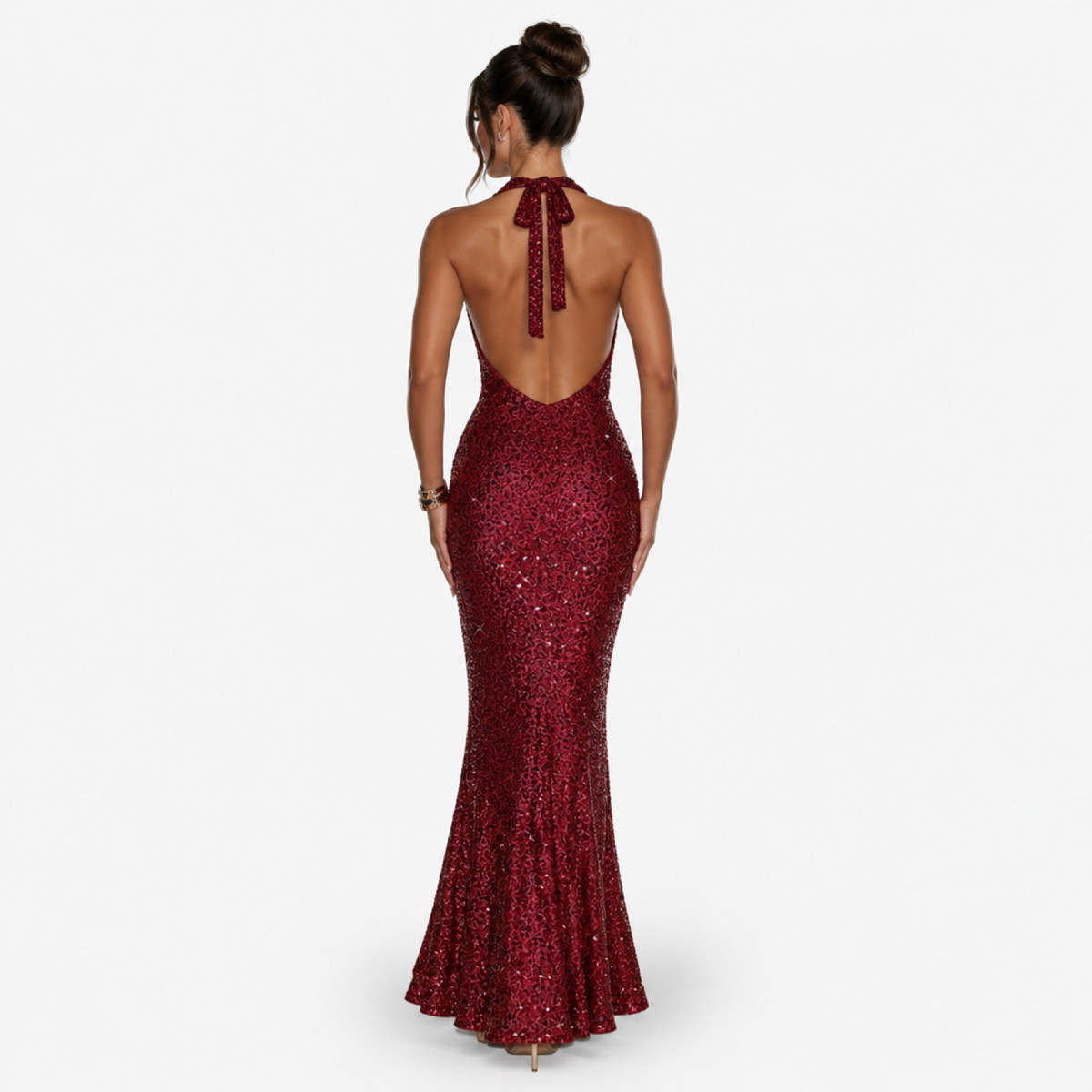 Robe longue halter dos nu col V, rouge, vue de dos