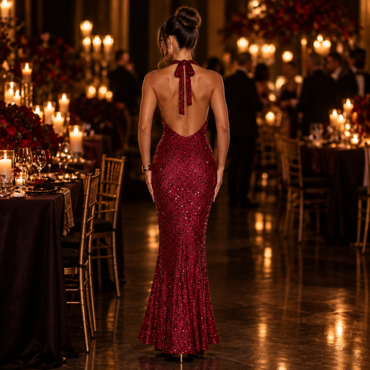 Robe longue halter dos nu col V rouge, vue de dos, portée en soirée