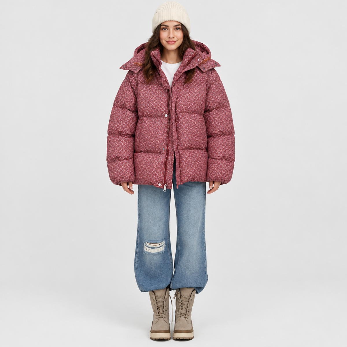 Veste matelassée imprimée rouge, capuche et col monté, vue de face