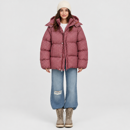 Veste matelassée imprimée rouge, capuche et col monté, vue de face
