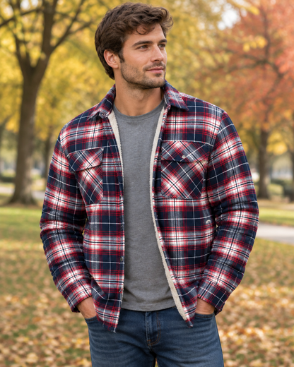 Homme portant la surchemise rouge doublée sherpa, en extérieur dans un parc en automne