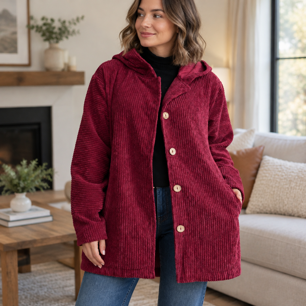 manteau femme rouge, porté par une mannequin en intérieur