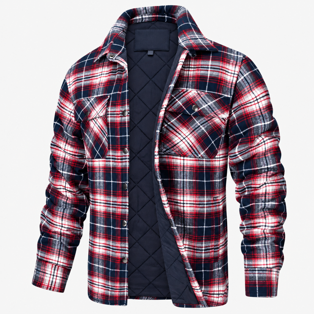 Surchemise homme doublée sherpa coloris rouge à carreaux, vue de face sur fond blanc
