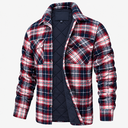 Surchemise homme doublée sherpa coloris rouge à carreaux, vue de face sur fond blanc