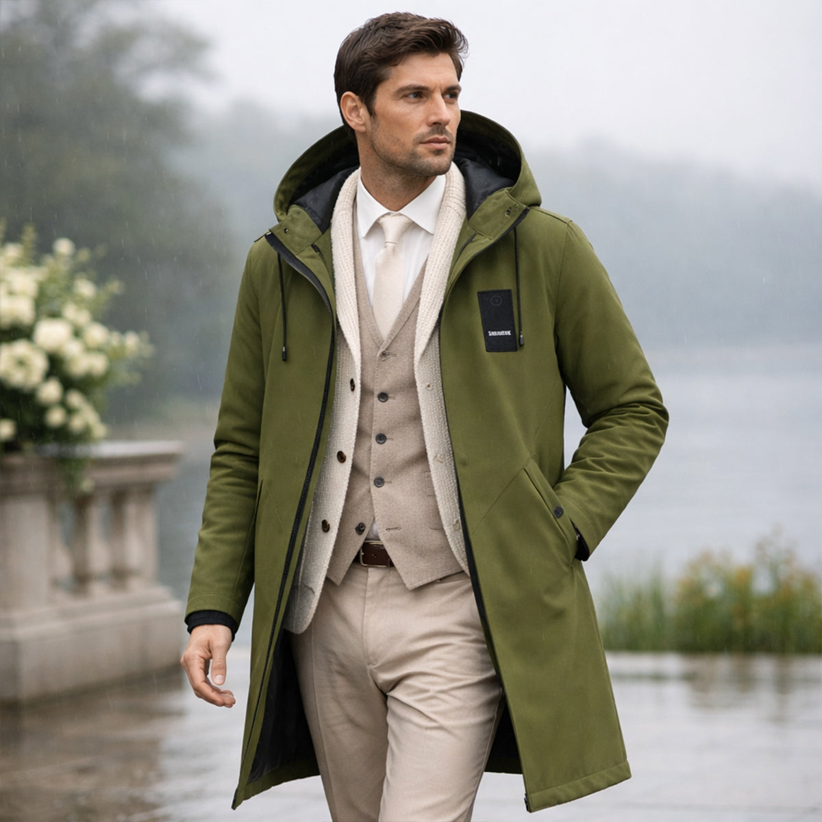 veste imperméable longue homme, coloris vert