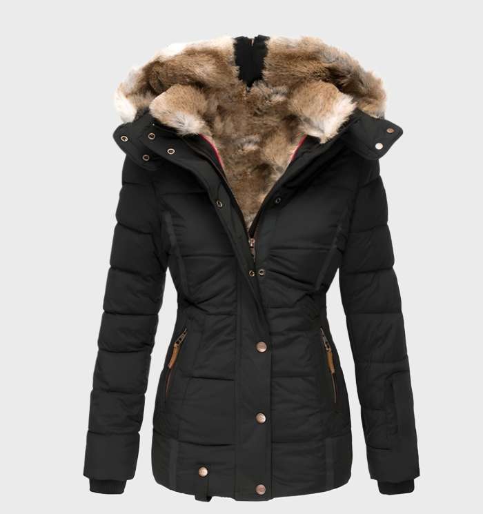 veste d'hiver femme à capuche noire, vue de face