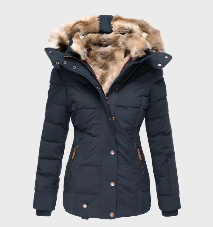 veste d'hiver femme à capuche bleue, vue de face