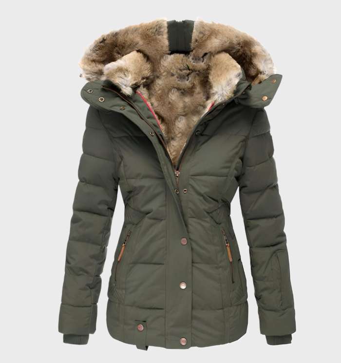 veste d'hiver femme à capuche verte, vue de face