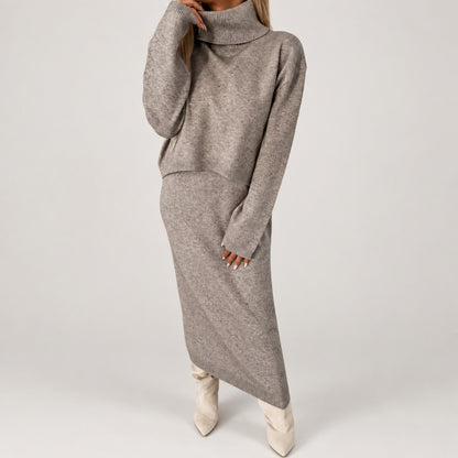 Ensemble robe pull femme beige – robe midi sans manches et pull col roulé, vue de face