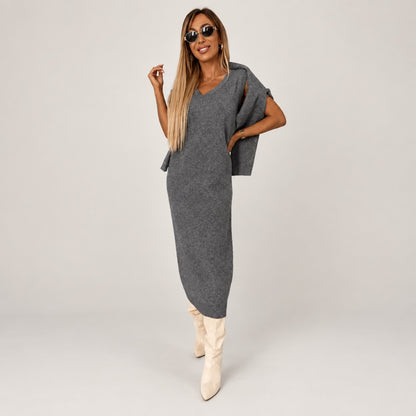 Ensemble robe pull femme gris anthracite – pull col roulé noué sur les épaules, vue de face