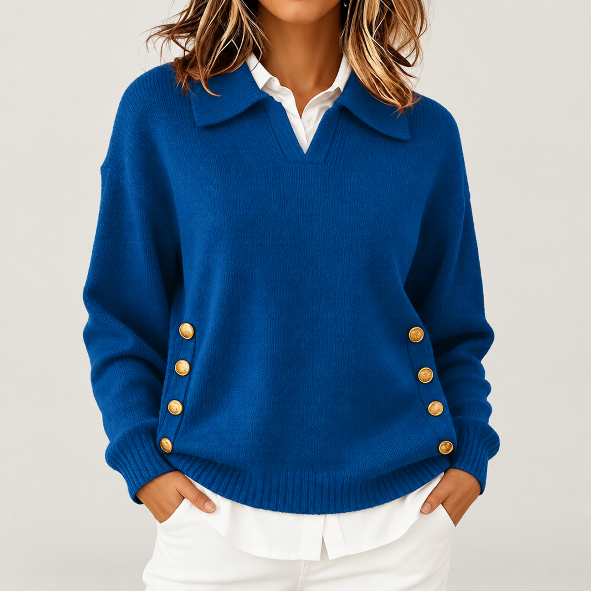 Pull col polo boutonné femme en maille bleu, vue de face en studio