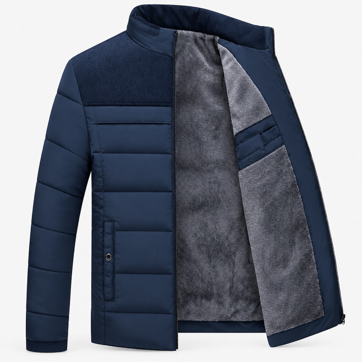 Parka Homme matelassée bleue à col montant, vue studio produit