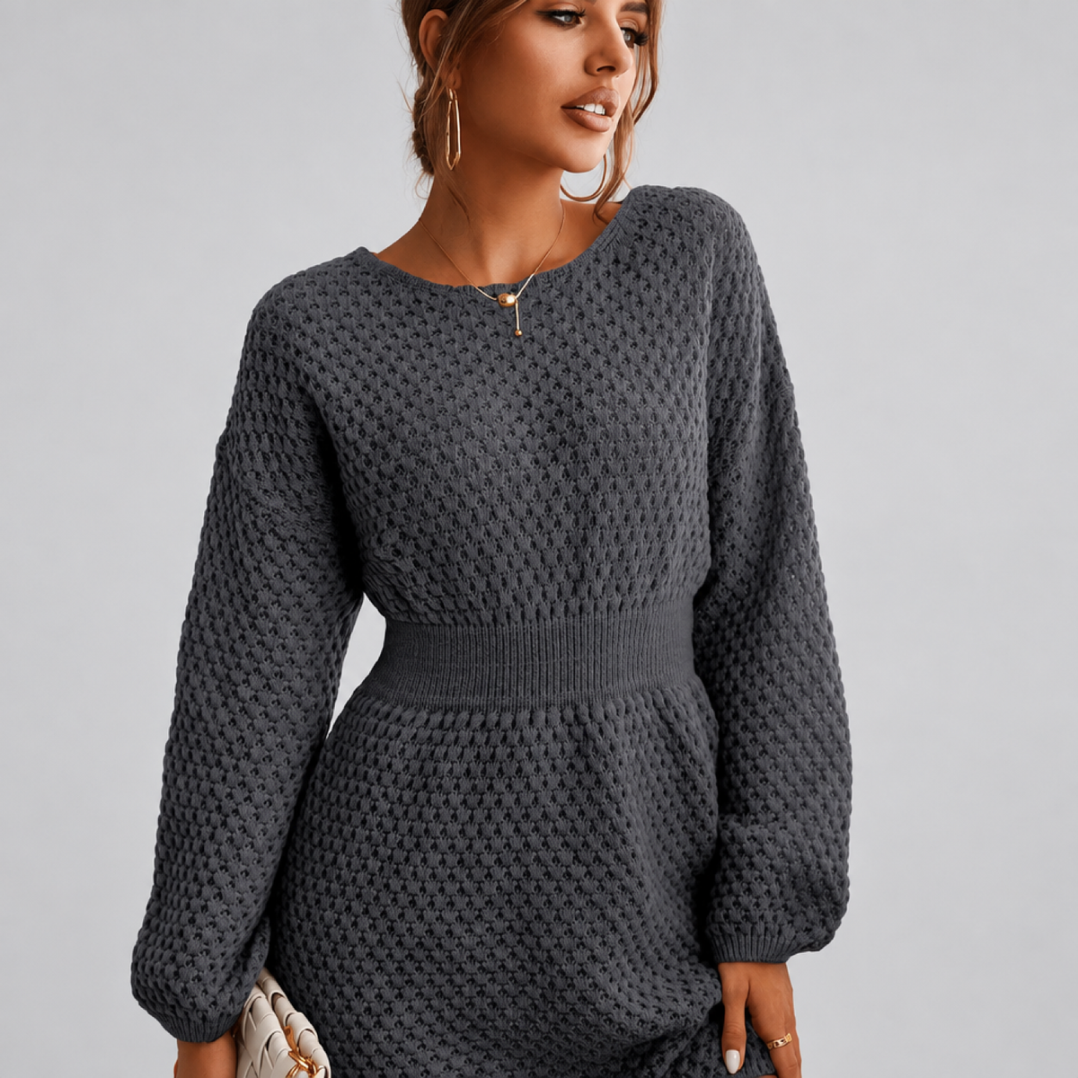 robe pull courte femme gris, photo studio, vue de face