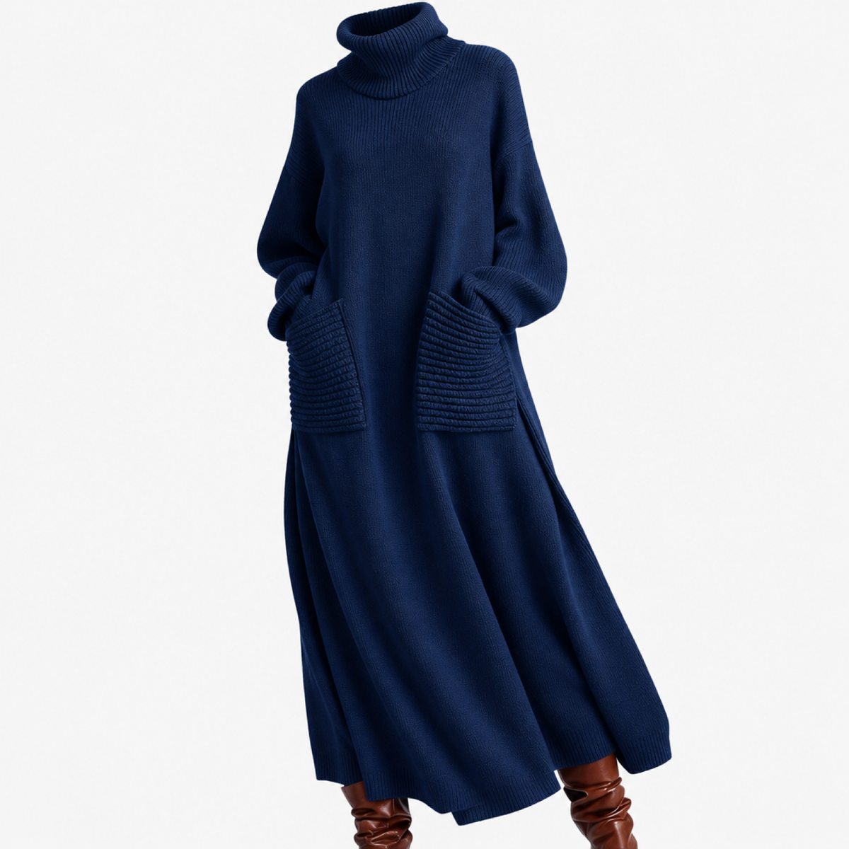 Robe maxi en maille bleu marine, vue studio