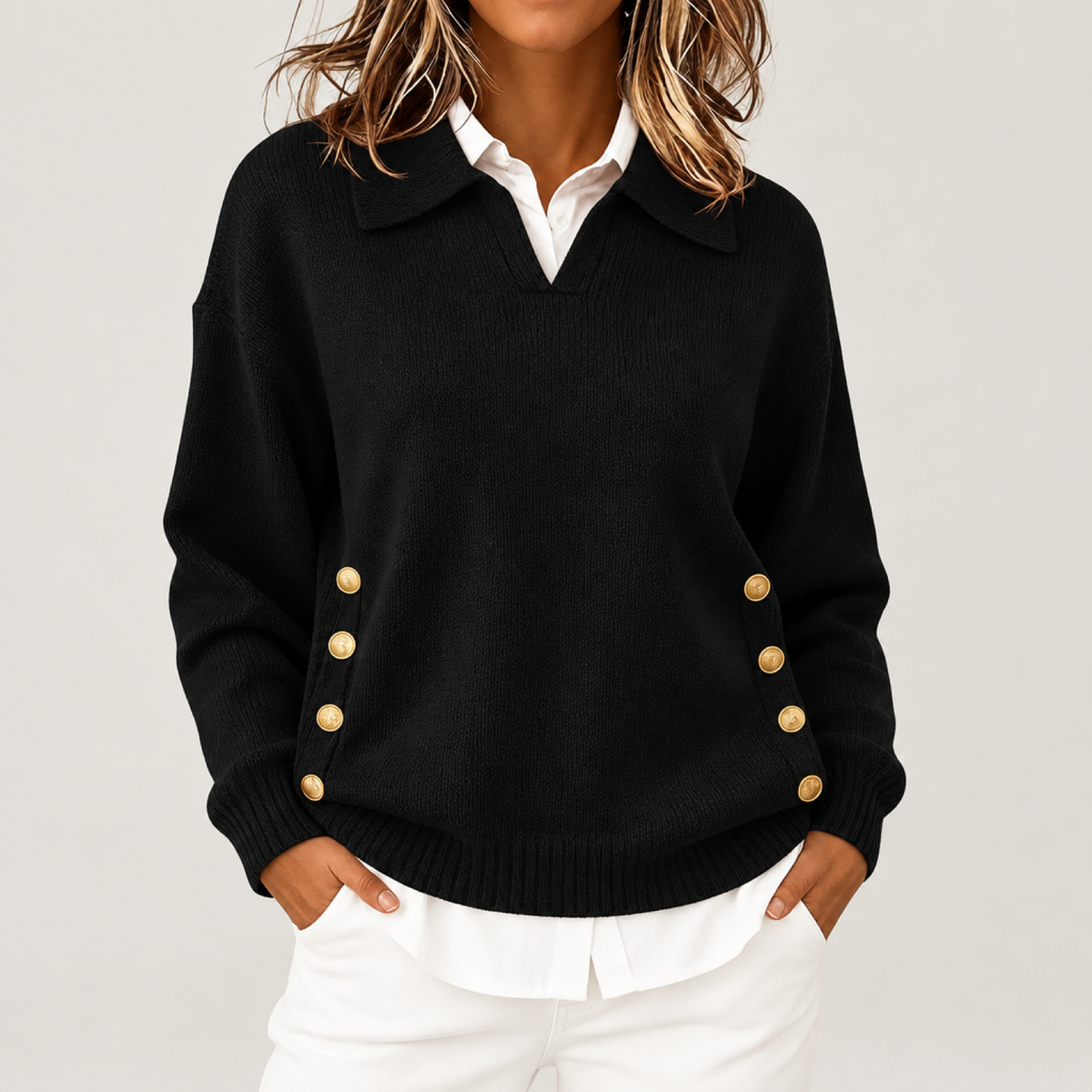 Pull col polo boutonné femme en maille noir, vue de face en studio