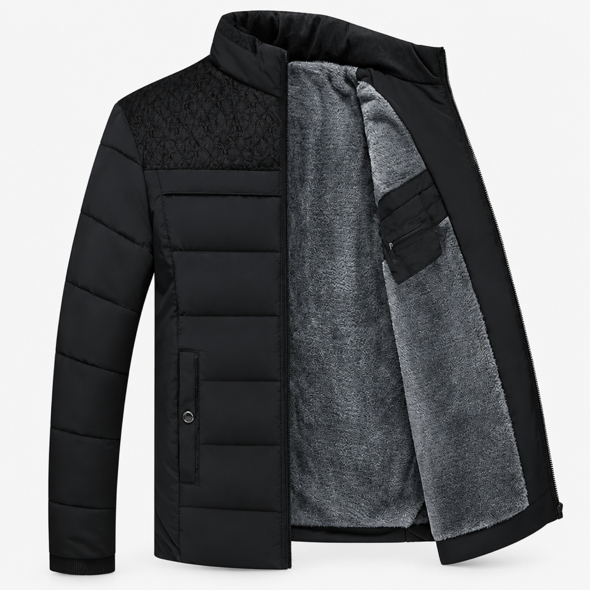 Parka Homme matelassée noire à col montant, vue studio produit