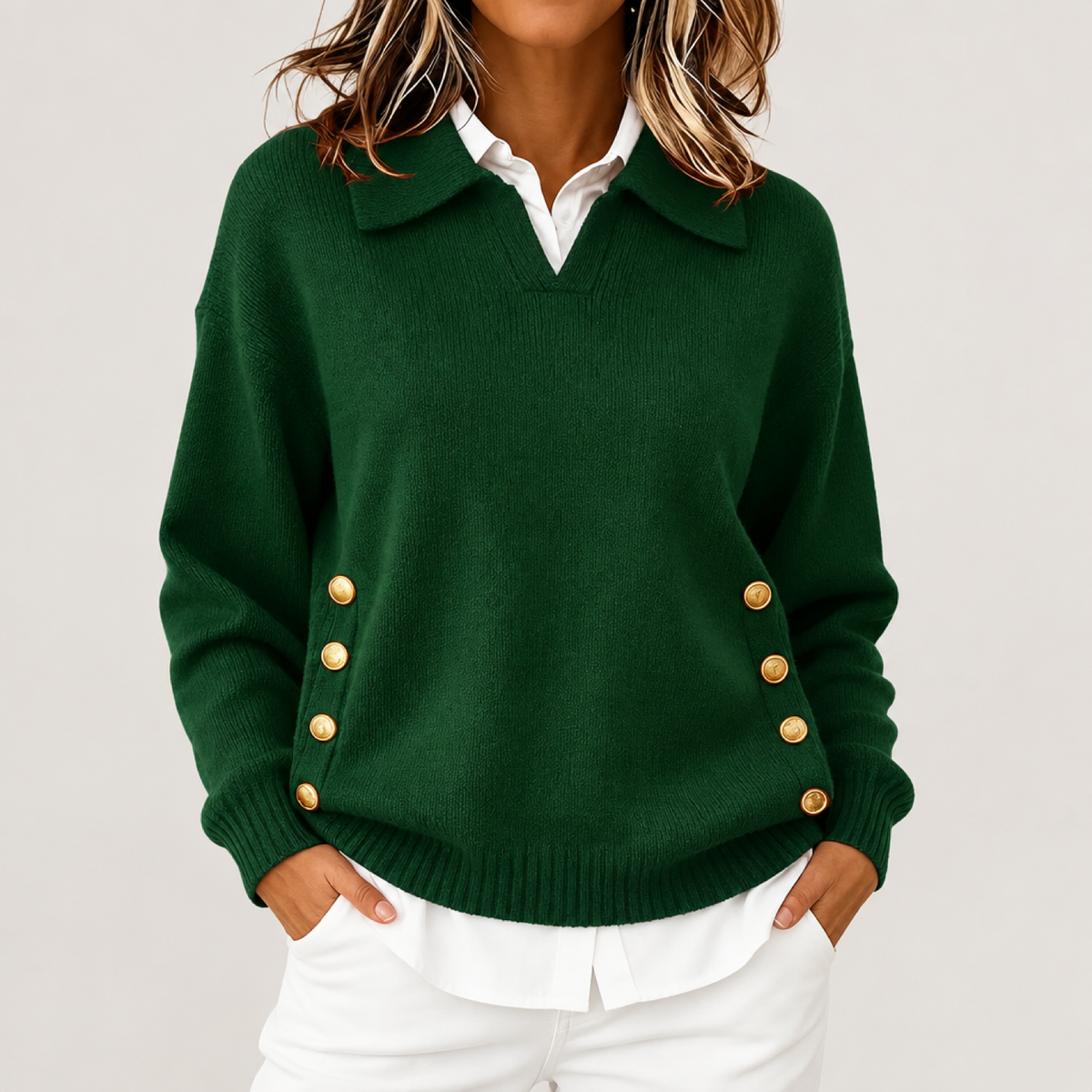 Pull col polo boutonné femme en maille vert, vue de face en studio