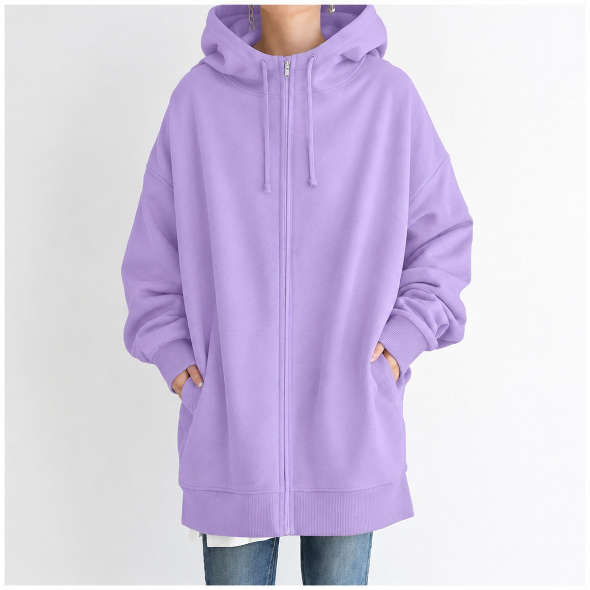 Sweat à capuche oversize femme coupe ample, coloris Lilas, porté de face