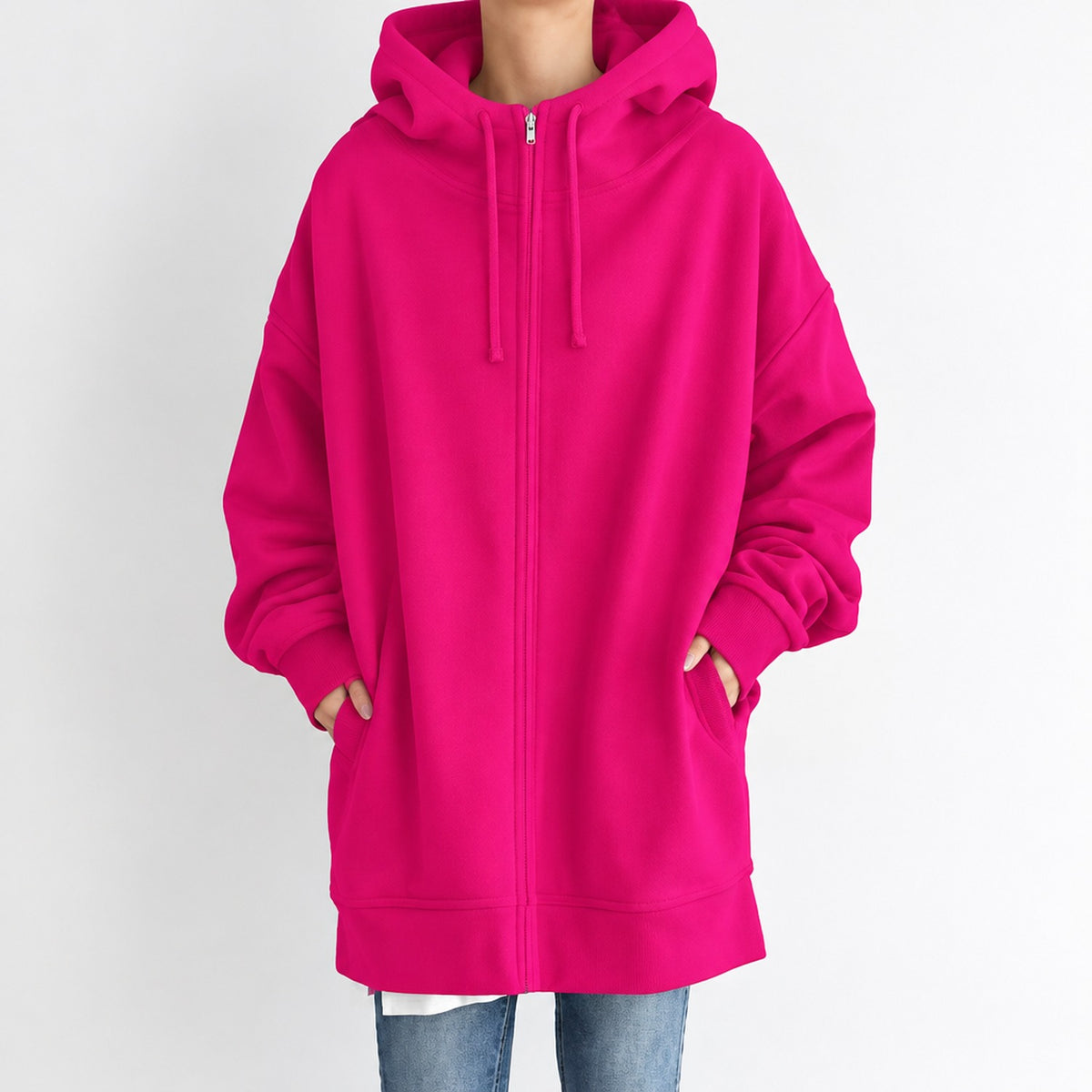 Sweat à capuche oversize femme coupe ample, coloris Rose Fuchsia, porté de face