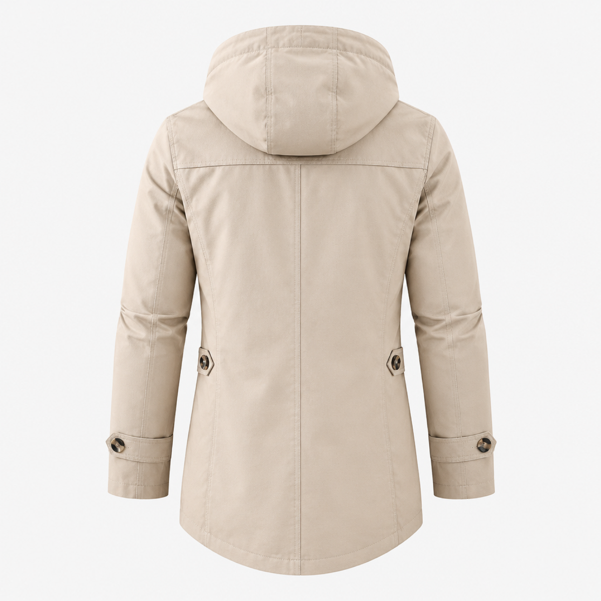Trench long beige pour homme, vue de dos montrant la capuche et les coutures