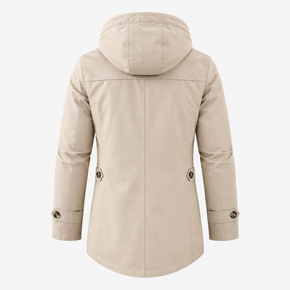 Trench long beige pour homme, vue de dos montrant la capuche et les coutures