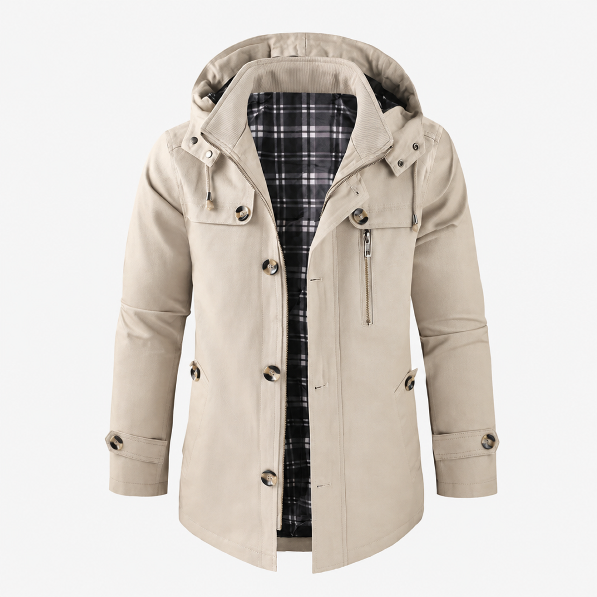 Trench long à capuche amovible beige pour homme, vue de face sur fond studio neutre