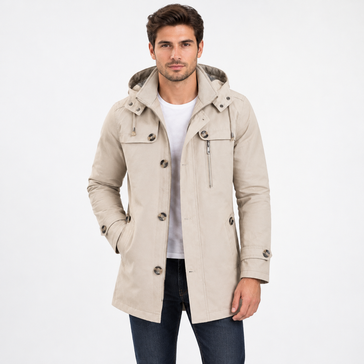 Homme portant le trench long beige à capuche amovible, coupe casual